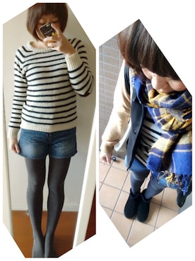 「ボーダーニット」｜「アイテム（スタジャン）」を使った、ｙｕｋｋｉｎ＊さん（レディース・166cm）の冬コーディネート