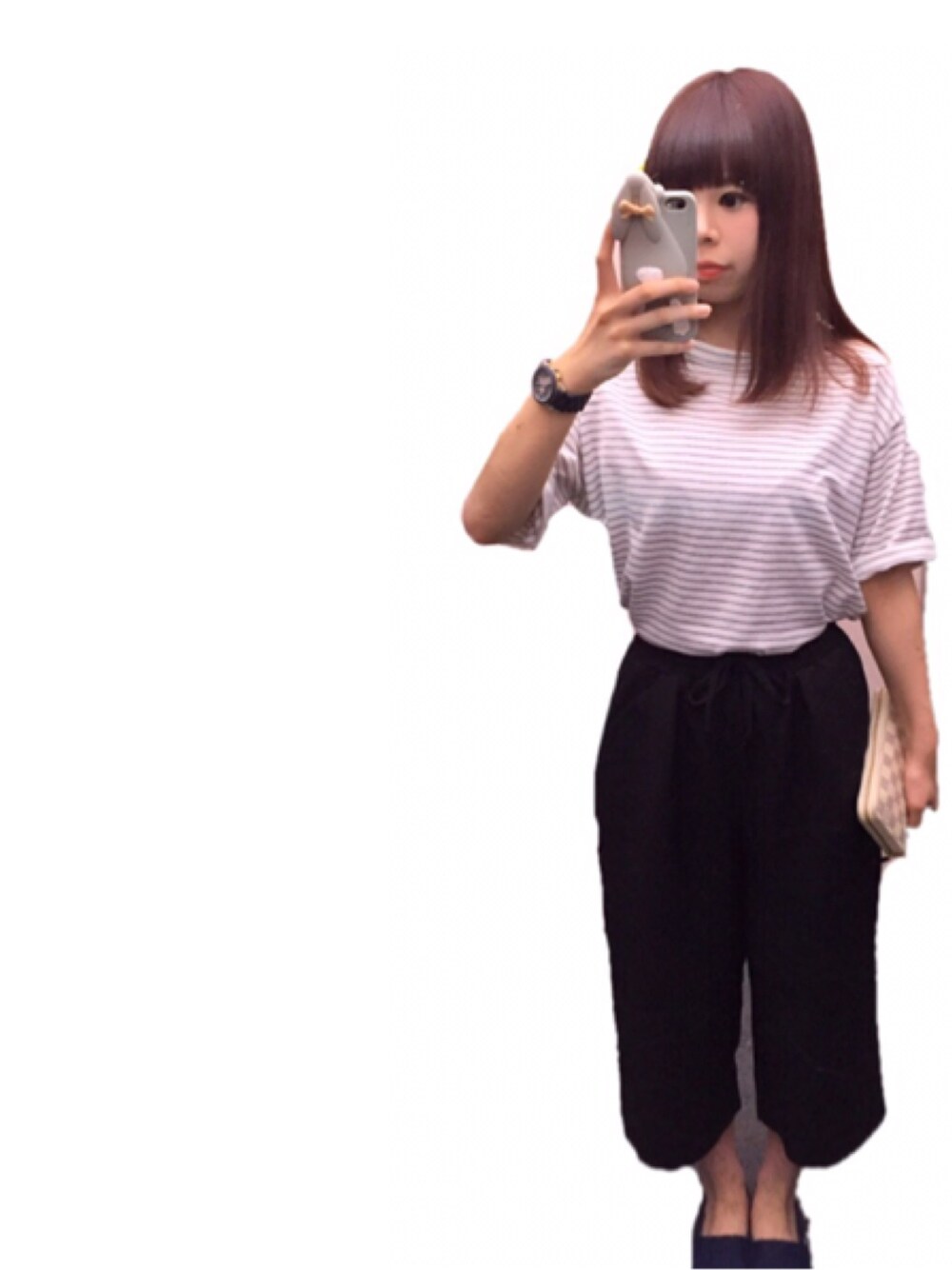 「ガウチョパンツ、クロップドパンツ、ワイドパンツ、黒パンツ、ボーダートップス、韓国ブランド、プチプラ、楽チンコーデ、夏、シンプル」｜「GOGOSINGのアイテム（Tシャツ/カットソー、グレー系）」を使った、kmr_r1さん（レディース・158cm）の夏コーディネートの1枚目の写真