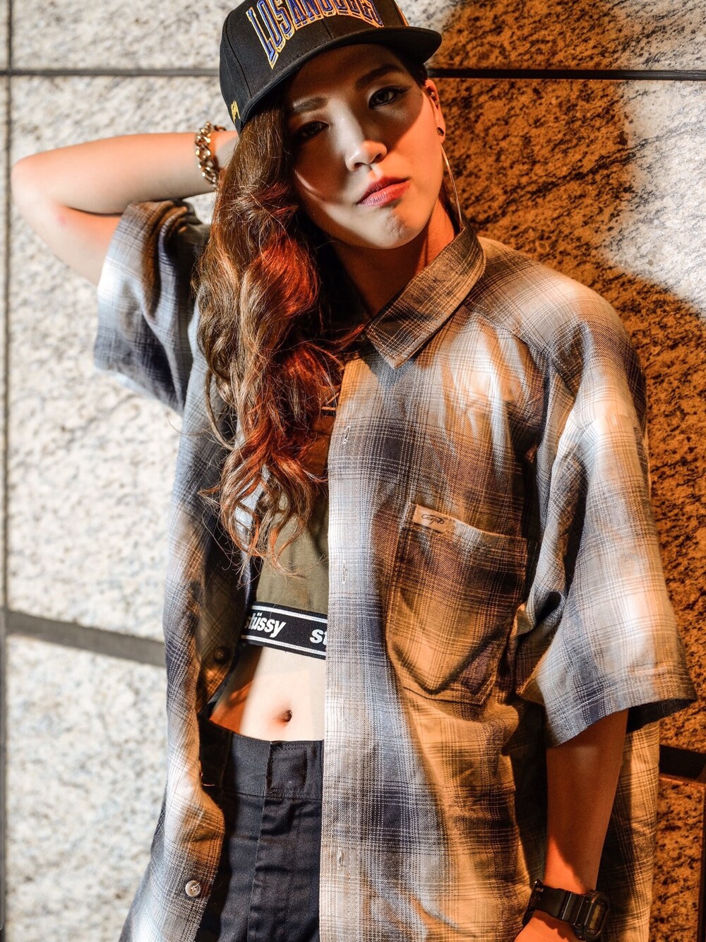 「stussy、stussy women、rapper、HIPHOP、street、ラッパー、ヒップホップ、Bgirl」｜「Stussy WomenのStussy Bra Top（その他トップス、グリーン系）」を使った、MC SWEさん（レディース・160cm）の夏コーディネートの1枚目の写真