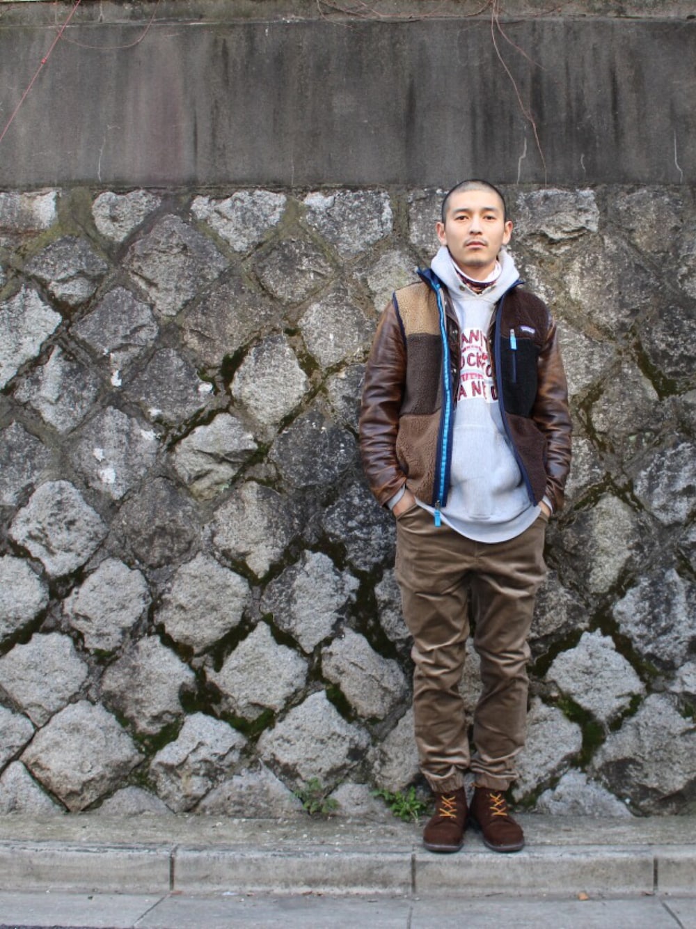 「fridge、fridgesetagaya、fridgevintage、フリッジ、ビンテージ、playdesign、BLANKS、Levi's、patagonia、アウター」｜「play designのアイテム（その他パンツ、ベージュ系）」を使った、YUUCHIDAさん（メンズ・173cm）の冬コーディネートの1枚目の写真