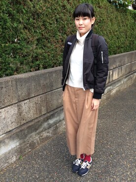 「学校」｜「アイテム（ブルゾン）」を使った、yuiさん（レディース・166cm）の冬コーディネート