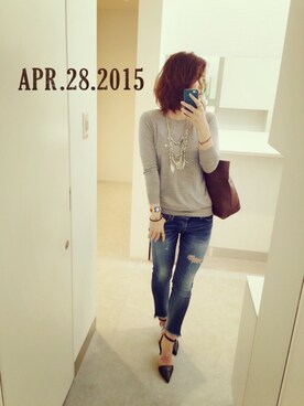 「Ungrid（アングリッド）のフレイドヘムストスリ（デニムパンツ）」を使った、MAHOMiさん（レディース・160cm）の春コーディネート