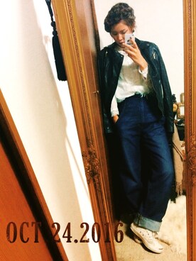 「stradivarius（ストラディバリウス）のアイテム（ライダースジャケット）」を使った、MAHOMiさん（レディース・160cm）の秋コーディネート