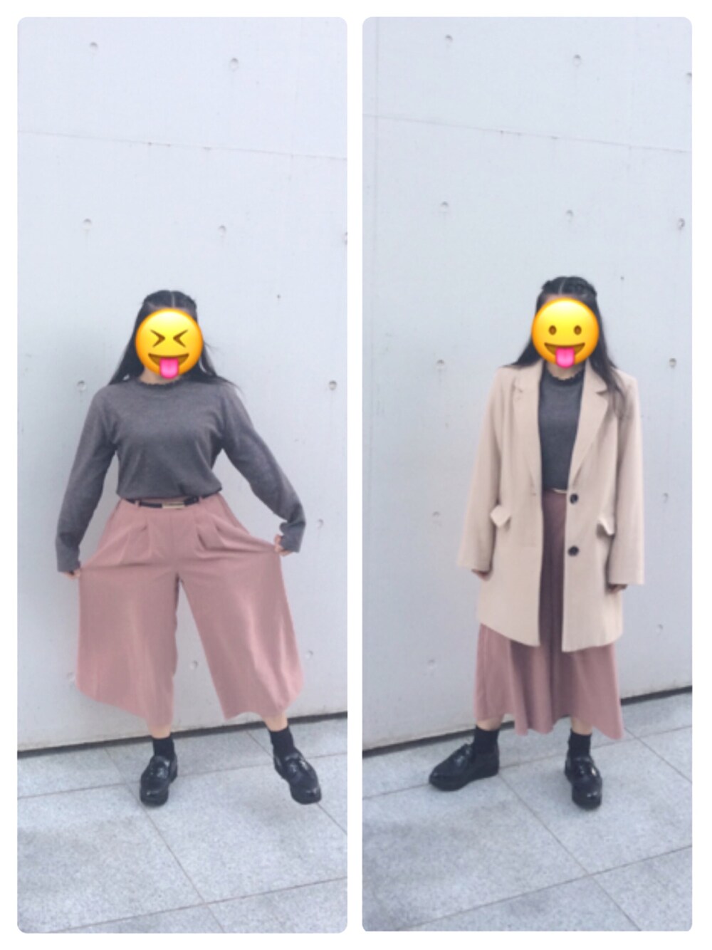 「チェスターコート、ガウチョパンツ、ピンク、厚底、靴下屋、ハニーズ」｜「Honeysのアイテム（チェスターコート、ベージュ系）」を使った、sacoさん（レディース・153cm）の冬コーディネートの1枚目の写真