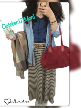 「アイテム（ボストンバッグ、レッド系）」を使った、miiiii426さん（レディース・156cm）の秋コーディネート