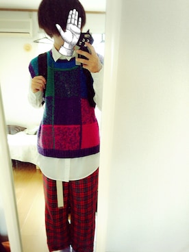 「アイテム（ベスト、パープル系）」を使った、たがしーさん（メンズ・165cm）の秋コーディネート