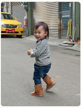 「無印良品（ムジルシリョウヒン）のアイテム（Tシャツ/カットソー、ベージュ系）」を使った、Fuanさん（キッズ・90cm）の秋コーディネート