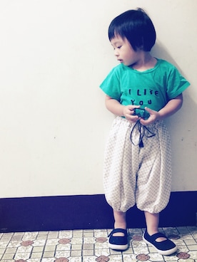 「Bobdogのアイテム（モカシン/デッキシューズ、ブルー系）」を使った、Fuanさん（キッズ・90cm）の夏コーディネート