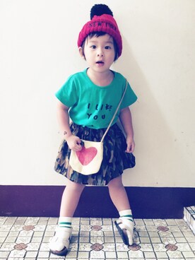 「Handmade（ハンドメイド）のアイテム（スカート、グリーン系）」を使った、Fuanさん（キッズ・90cm）の夏コーディネート