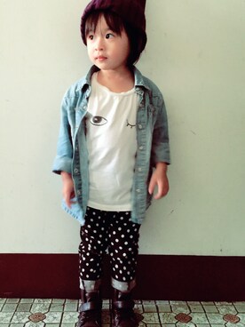 「koreaのアイテム（シャツ/ブラウス、ブルー系）」を使った、Fuanさん（キッズ・90cm）の秋コーディネート