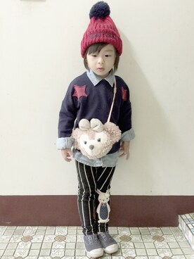 「Disney（ディズニー）のアイテム（バッグ、ベージュ系）」を使った、Fuanさん（キッズ・90cm）の秋コーディネート