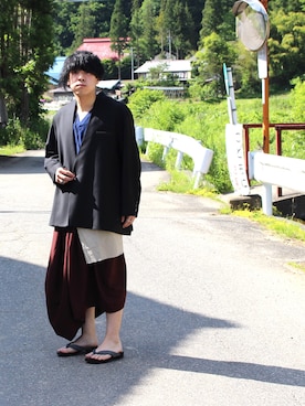 「和装」｜「アイテム（ノーカラージャケット）」を使った、はやたさん（メンズ・163cm）の夏コーディネート