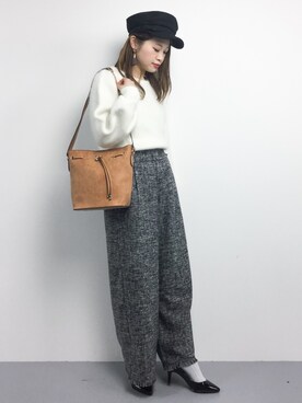 「ツイードパンツ」｜「アイテム（帽子）」を使った、isaさん（レディース・155cm）の秋コーディネート