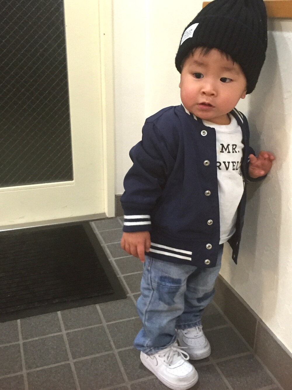 「キッズコーデ、冬コーデ、男の子、おとこのこ、男の子コーデ、息子コーデ」｜「しまむらのアイテム（ニットキャップ/ビーニー、ブラック系）」を使った、みさん（キッズ・80cm）の秋コーディネートの1枚目の写真