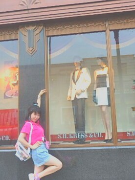「PECO CLUBのアイテム（ポロシャツ、ピンク系）」を使った、K◌⑅⃝*॰ॱさん（レディース・153cm）の夏コーディネート