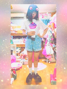 「PECOCLUBのアイテム（Tシャツ/カットソー、ホワイト系）」を使った、K◌⑅⃝*॰ॱさん（レディース・153cm）の夏コーディネート