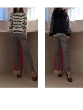 「ボーダーニット」｜「アイテム（スタジャン）」を使った、HER-miさん（レディース・158cm）の冬コーディネート