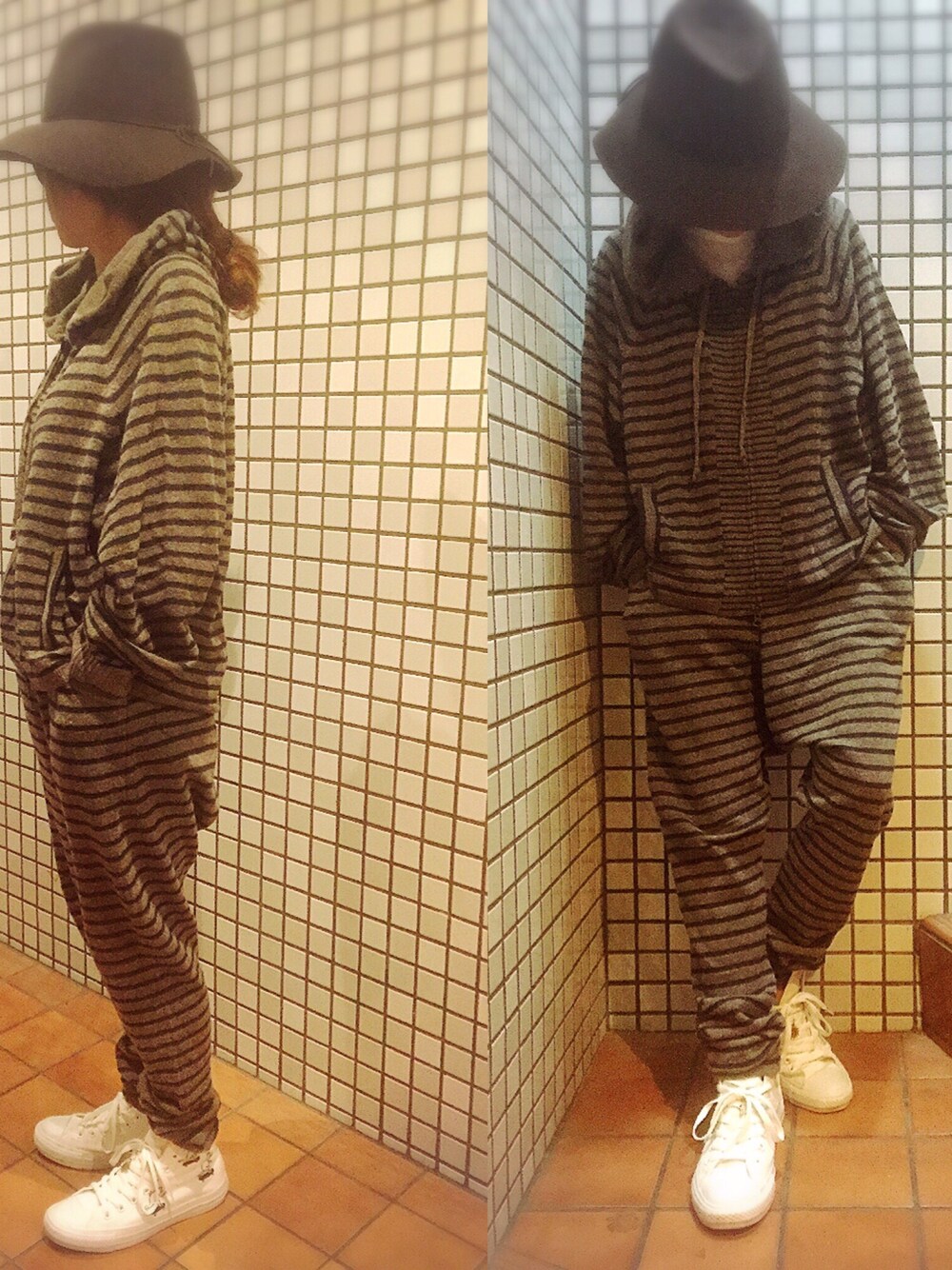 ブラウン系のその他アウター、ブラウン系のその他パンツ、ホワイト系のスニーカーを着用したレディースの秋コーディネートの1枚目の写真