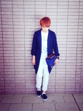 「オールホワイト」｜「アイテム（ステンカラーコート）」を使った、Taishiさん（メンズ・176cm）の春コーディネート