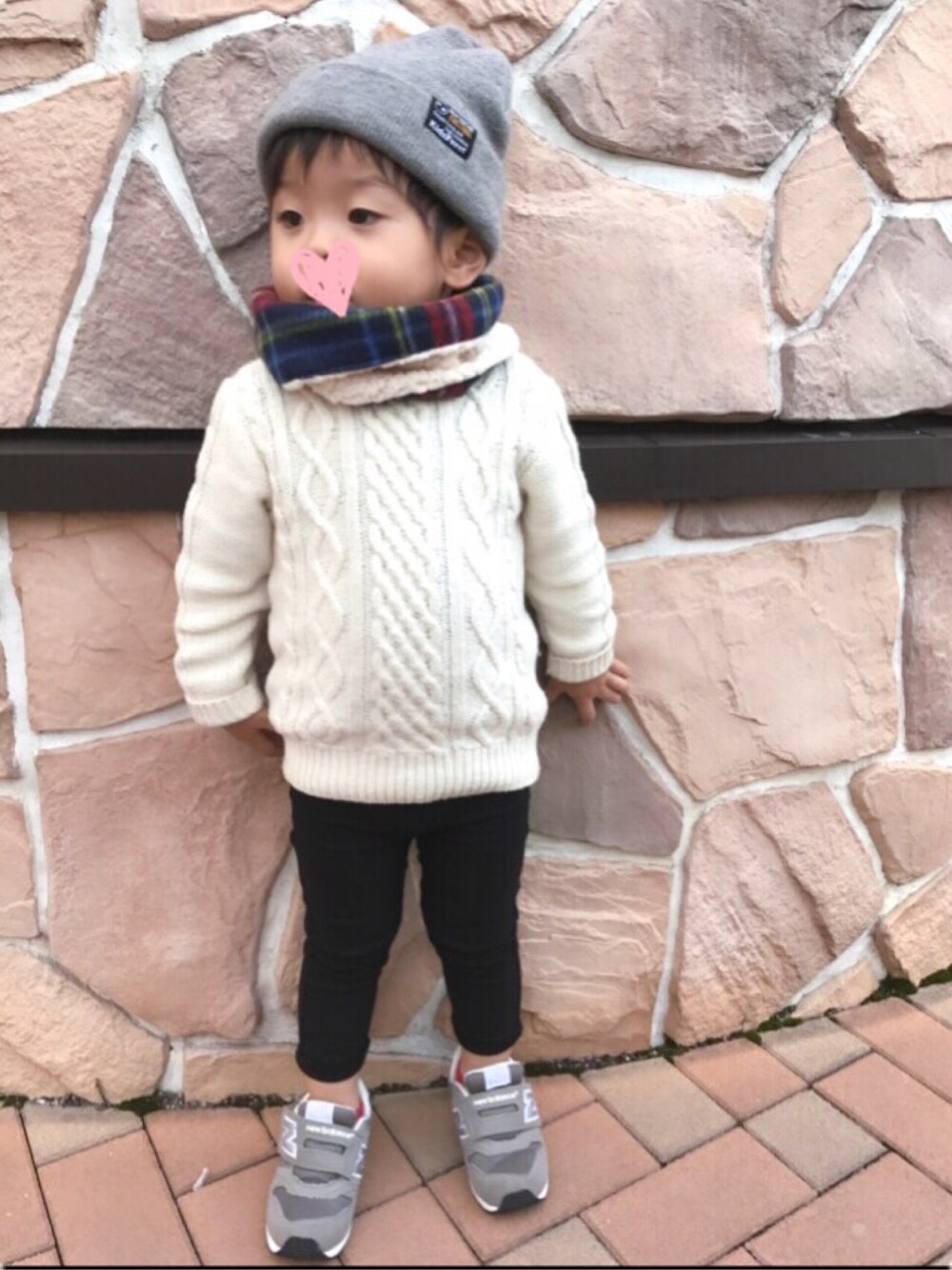 「誕生日、おとこのこ、3歳、まだまだイヤイヤ、アンパンマンミュージアム、誕生日なのに怒られる」｜「Handmadeのアイテム（ストール/ショール、ブルー系）」を使った、ayamituさん（キッズ・90cm）の秋コーディネートの1枚目の写真
