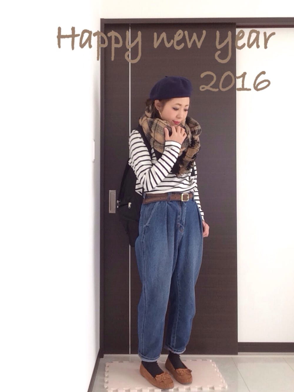 「ベレー帽、ロールアップ、GU、あけましておめでとうございます！、ボーダー、ネイビー身につけ隊、モカシン、リュック、ダッフルコート、ママコーデ」｜「VISのフェルトベレー帽（ハンチング/ベレー帽、ブルー系）」を使った、jyojyoさん（レディース・158cm）の冬コーディネートの1枚目の写真