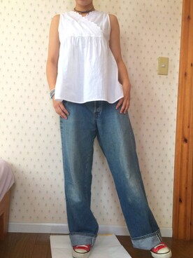 「Samansa Mos2（サマンサ モスモス）の衿カシュクールレースノースリーブ（シャツ/ブラウス、ホワイト系）」を使った、marukoさん（レディース・161cm）の夏コーディネート