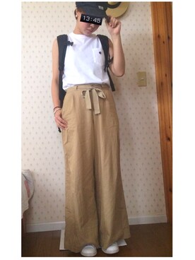 「JEANASIS（ジーナシス）のChampionノースリーブプルオーバー/708136（Tシャツ/カットソー、ホワイト系）」を使った、marukoさん（レディース・161cm）の夏コーディネート