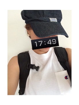 「Lee（リー）のアイテム（帽子、ブルー系）」を使った、marukoさん（レディース・161cm）の夏コーディネート