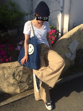 「MHL.（エムエイチエル）のアイテム（Tシャツ/カットソー、ホワイト系）」を使った、marukoさん（レディース・161cm）の秋コーディネート