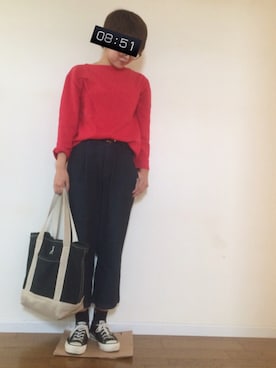 「SAINT JAMES（セントジェームス）のアイテム（Tシャツ/カットソー、レッド系）」を使った、marukoさん（レディース・161cm）の秋コーディネート
