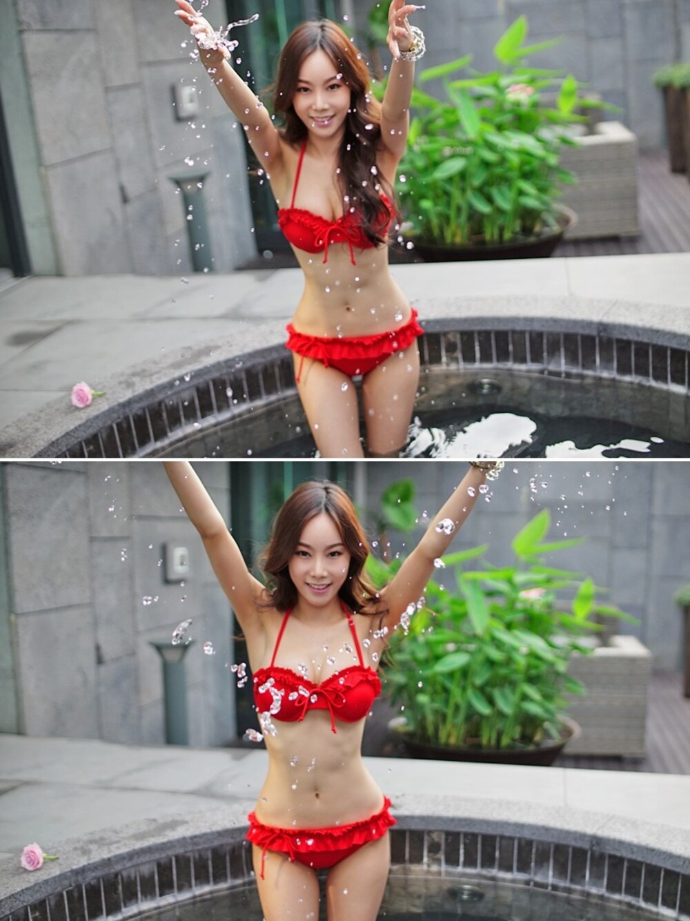 レッド系の水着を着用したレディースの夏コーディネートの1枚目の写真