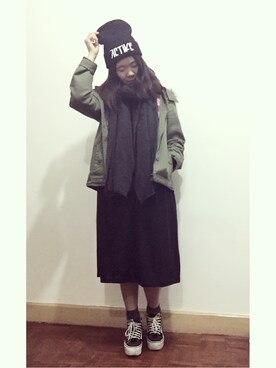「ROXY（ロキシー）のアイテム（ミリタリージャケット）」を使った、Chiii🖤さん（レディース・163cm）の冬コーディネート