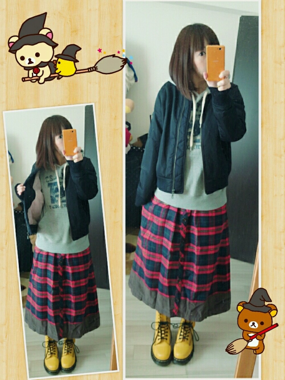 レッド系のスカート、グレー系のパーカー、ブラック系のジャケット/アウターを着用したレディースの秋コーディネートの1枚目の写真