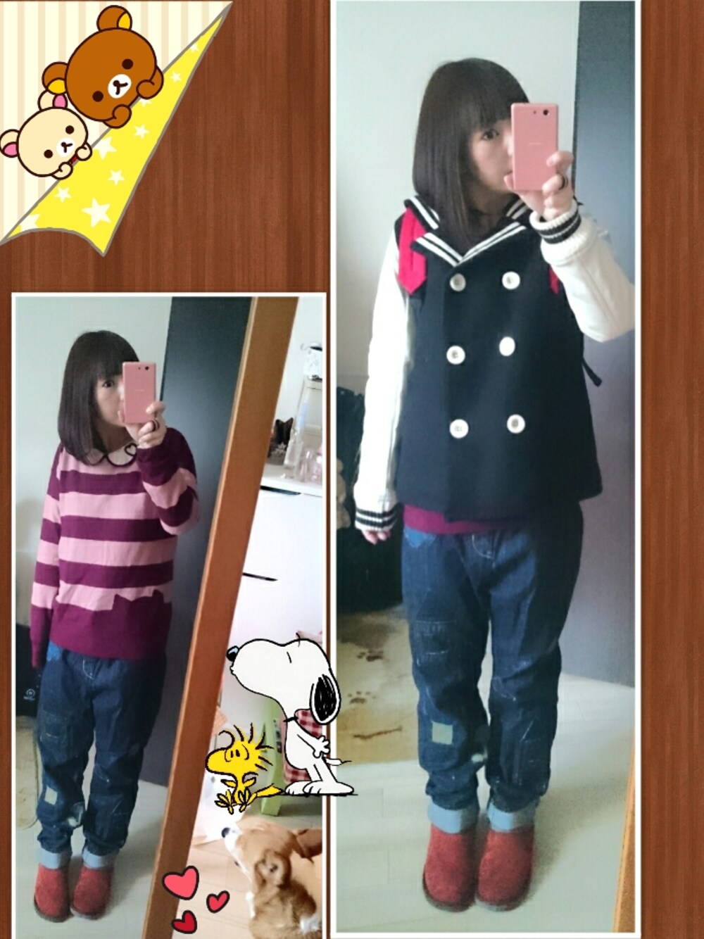 グレー系のニット/セーター、レッド系のバックパック/リュック、ブルー系のデニムパンツを着用したレディースの秋コーディネートの1枚目の写真