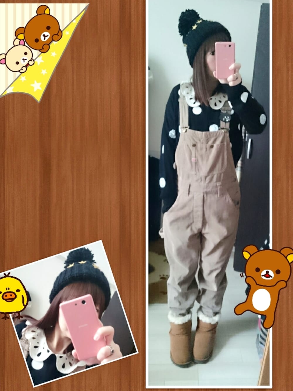 グレー系のサロペット/オーバーオール、イエロー系のブーツ、ブラック系のニット/セーターを着用したレディースの冬コーディネートの1枚目の写真