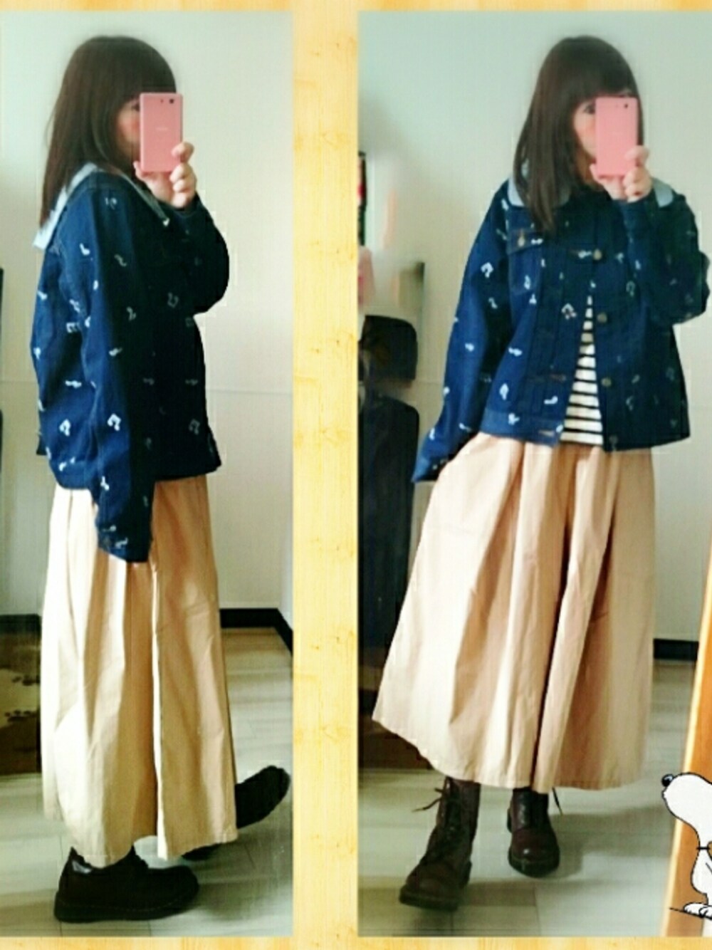 ベージュ系のその他パンツ、ブラウン系のブーツ、ブルー系のブルゾンを着用したレディースの春コーディネートの1枚目の写真