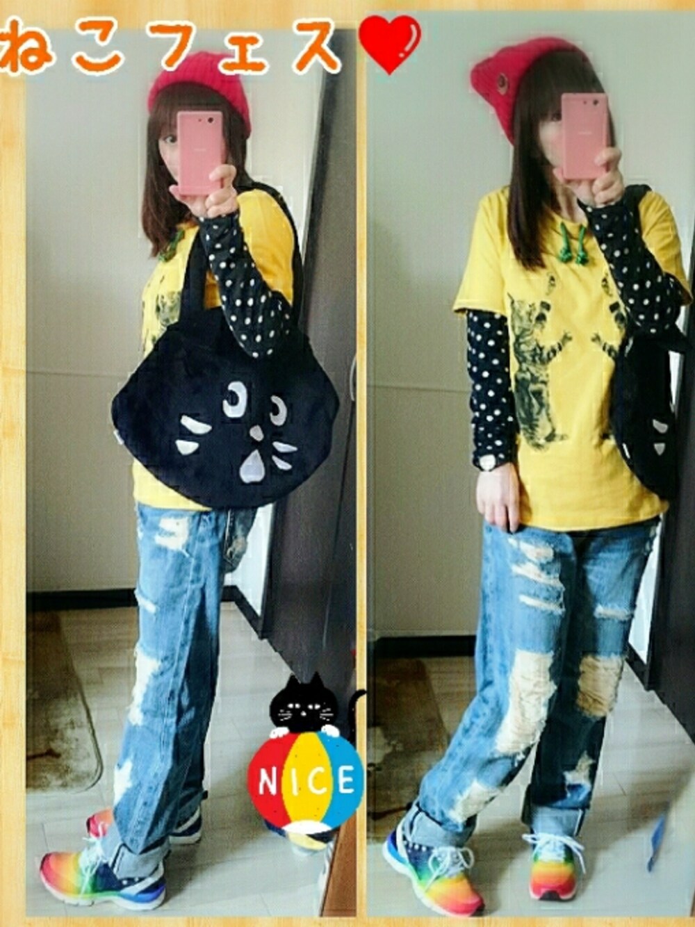 イエロー系のTシャツ/カットソー、ブラック系のTシャツ/カットソー、ブルー系のデニムパンツを着用したレディースの春コーディネートの1枚目の写真