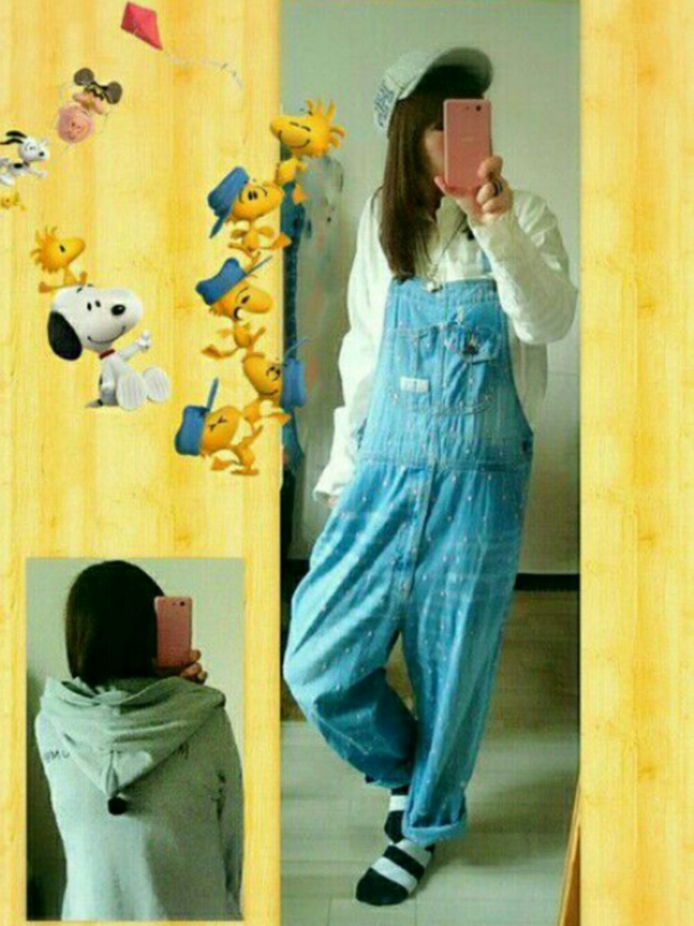 その他のサロペット/オーバーオール、ホワイト系のシャツ/ブラウス、ブラック系のパーカーを着用したレディースの春コーディネートの1枚目の写真