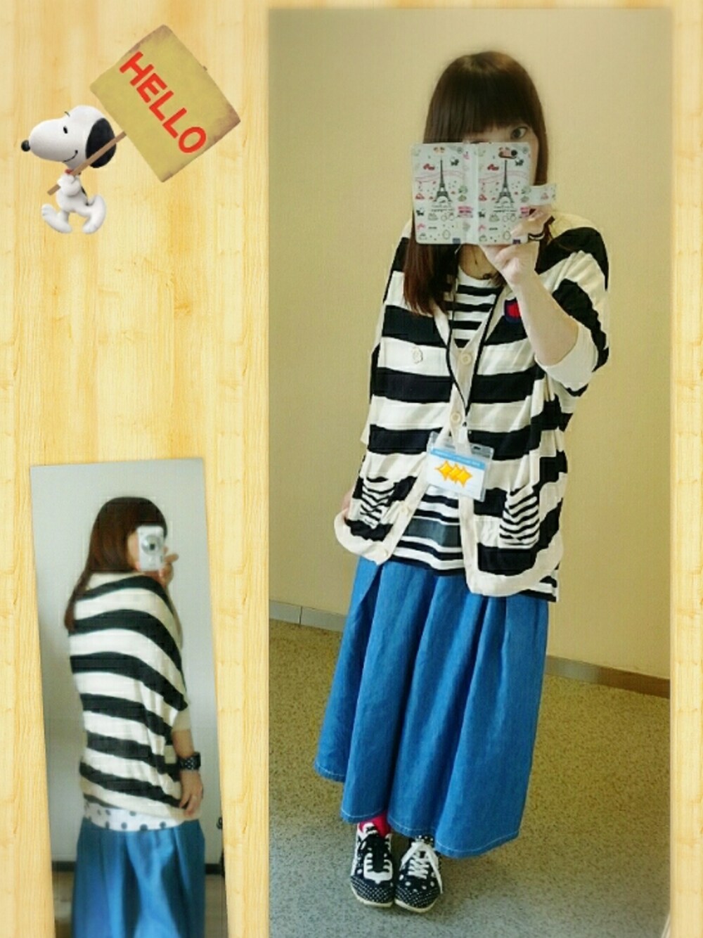 ブルー系のデニムパンツ、ブラック系のカーディガン/ボレロ、ブラック系のTシャツ/カットソーを着用したレディースの夏コーディネートの1枚目の写真