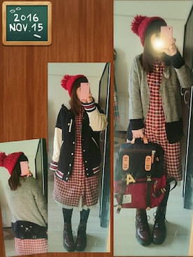 「赤ニット帽」｜みはるさん（レディース・152cm）の秋コーディネート