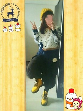 「にらめっこーで」｜「アイテム（ニットキャップ/ビーニー）」を使った、みはるさん（レディース・152cm）の冬コーディネート