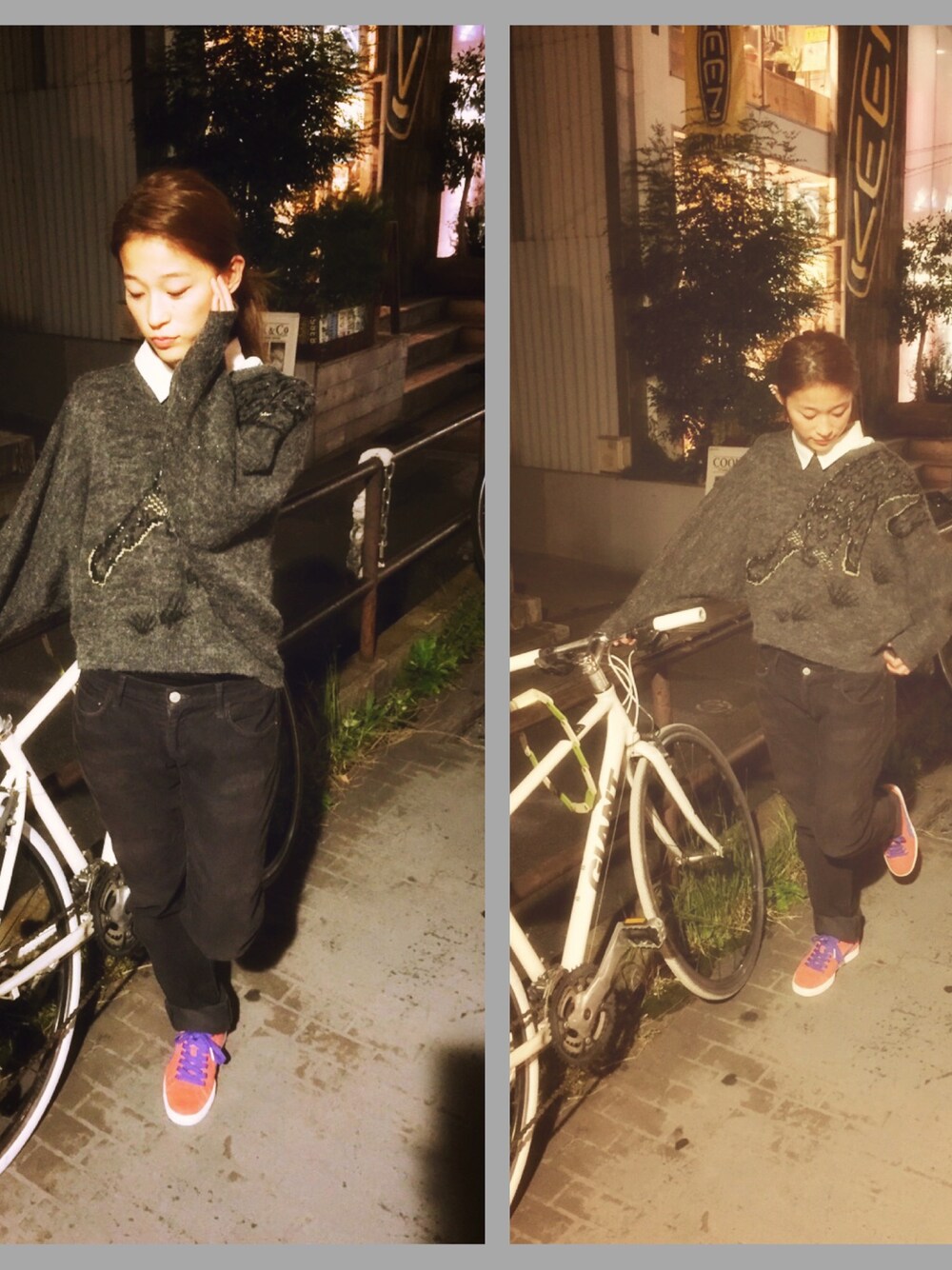「パンツ、ニット、スニーカー、Ron Herman、PUMA」｜「Hello UFOのアイテム（ニット/セーター、グレー系）」を使った、MINAIさん（レディース・160cm）の秋コーディネートの1枚目の写真
