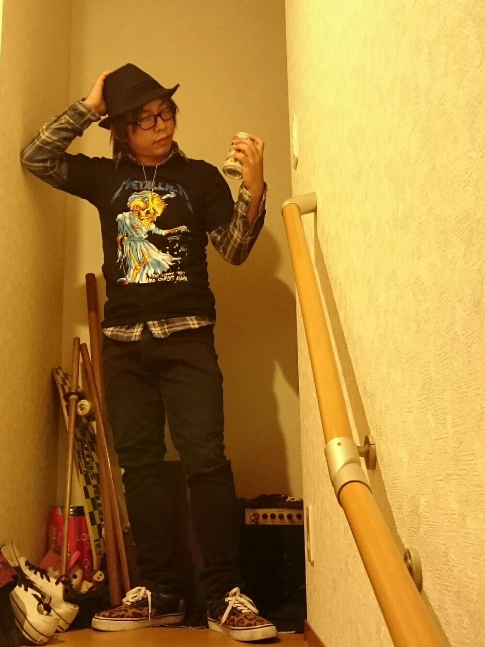 「ラガー、帽子かぶろう会、仮面ライダー部、仮面ライダー部   部長、ハット、ネルシャツチェック、メタリカ、チーム冨樫、Sigeo,s Oktoberfest2016、メガネ倶楽部」｜「CA4LAのアイテム（ハット、ブラック系）」を使った、waka (外村茂男)  さん（メンズ・162cm）の秋コーディネートの1枚目の写真
