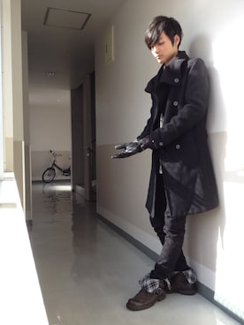 「カシミヤ」｜「アイテム（その他アウター）」を使った、河上裕馬さん（メンズ・175cm）の冬コーディネート