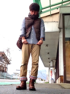 「アイテム（ダウンベスト、ブラウン系）」を使った、hide104さん（メンズ・162cm）の春コーディネート