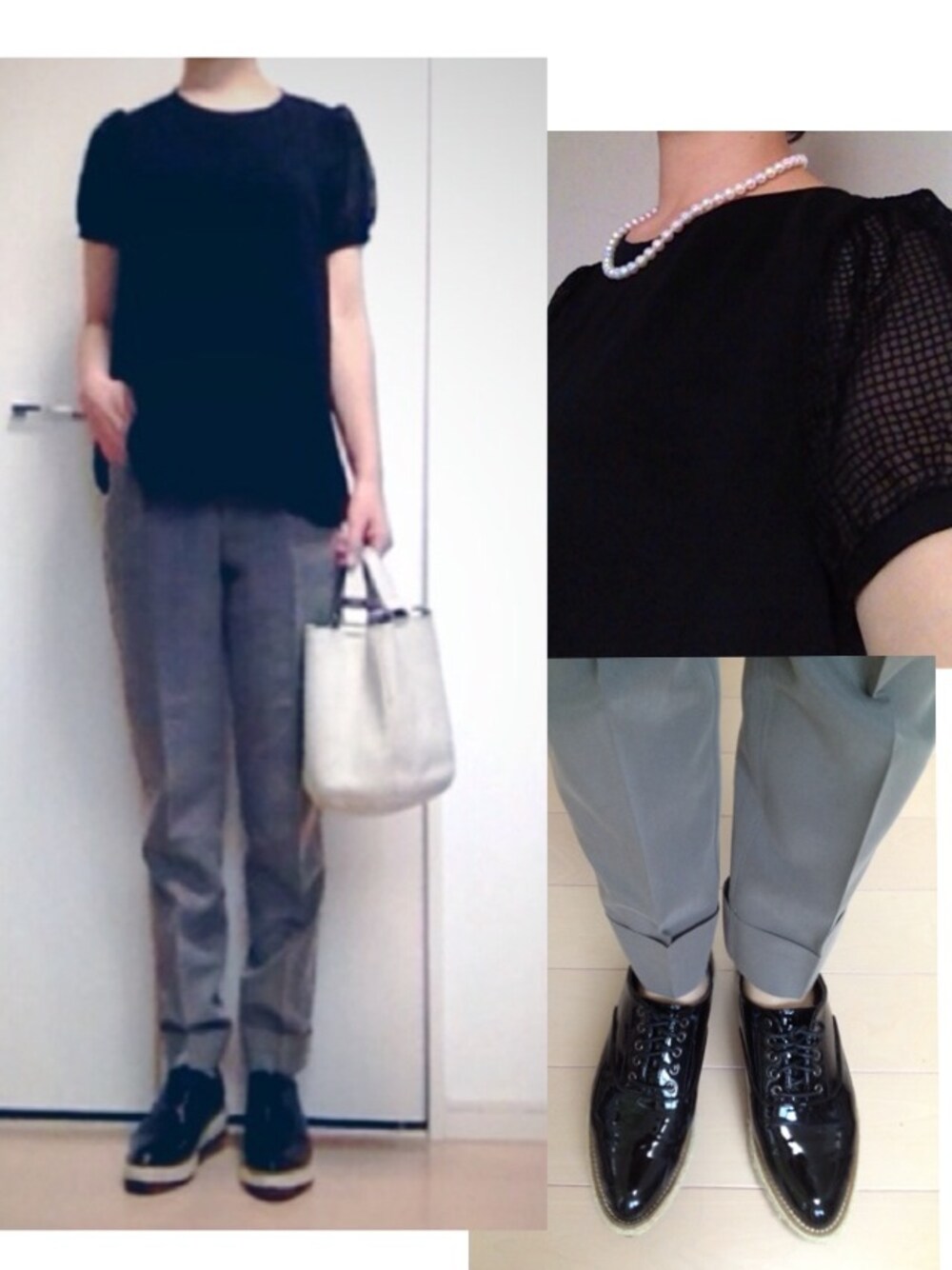 「タックパンツ、スラックス、パールネックレス、ママコーデ、WEARママ部」｜「Jewel Changesのアイテム（スラックス、グレー系）」を使った、Ｙさん（レディース・155cm）の秋コーディネートの1枚目の写真