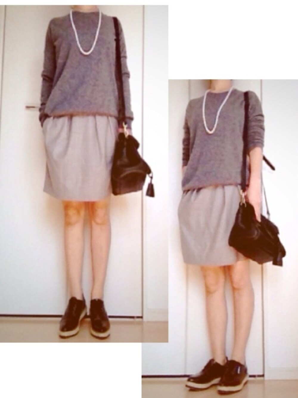 「オールグレー、オジ靴、WEARママ部、カシミア、パールネックレス、ママコーデ」｜「MulberryのMulberry The Bayswater textured-leather bag（ショルダーバッグ、ブラック系）」を使った、Ｙさん（レディース・155cm）の秋コーディネートの1枚目の写真