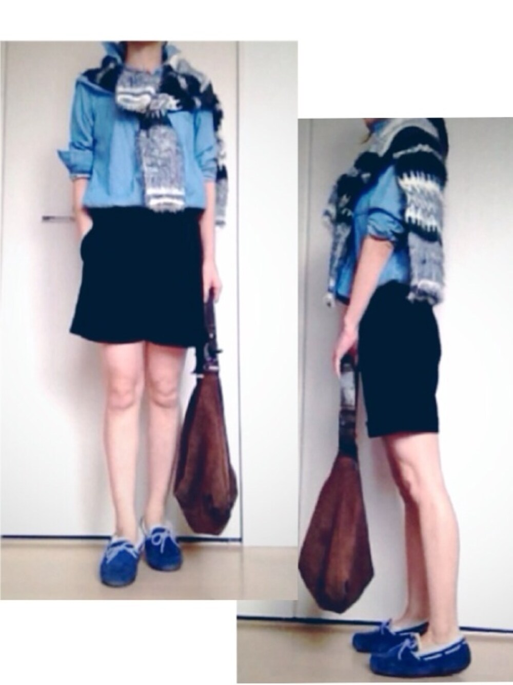 「リラックススタイル、プロデューサー巻き、シャツ×ニット、短パン、UGG、ママコーデ」｜「ZARA KIDSのアイテム（ニット/セーター、ブルー系）」を使った、Ｙさん（レディース・155cm）の秋コーディネートの1枚目の写真
