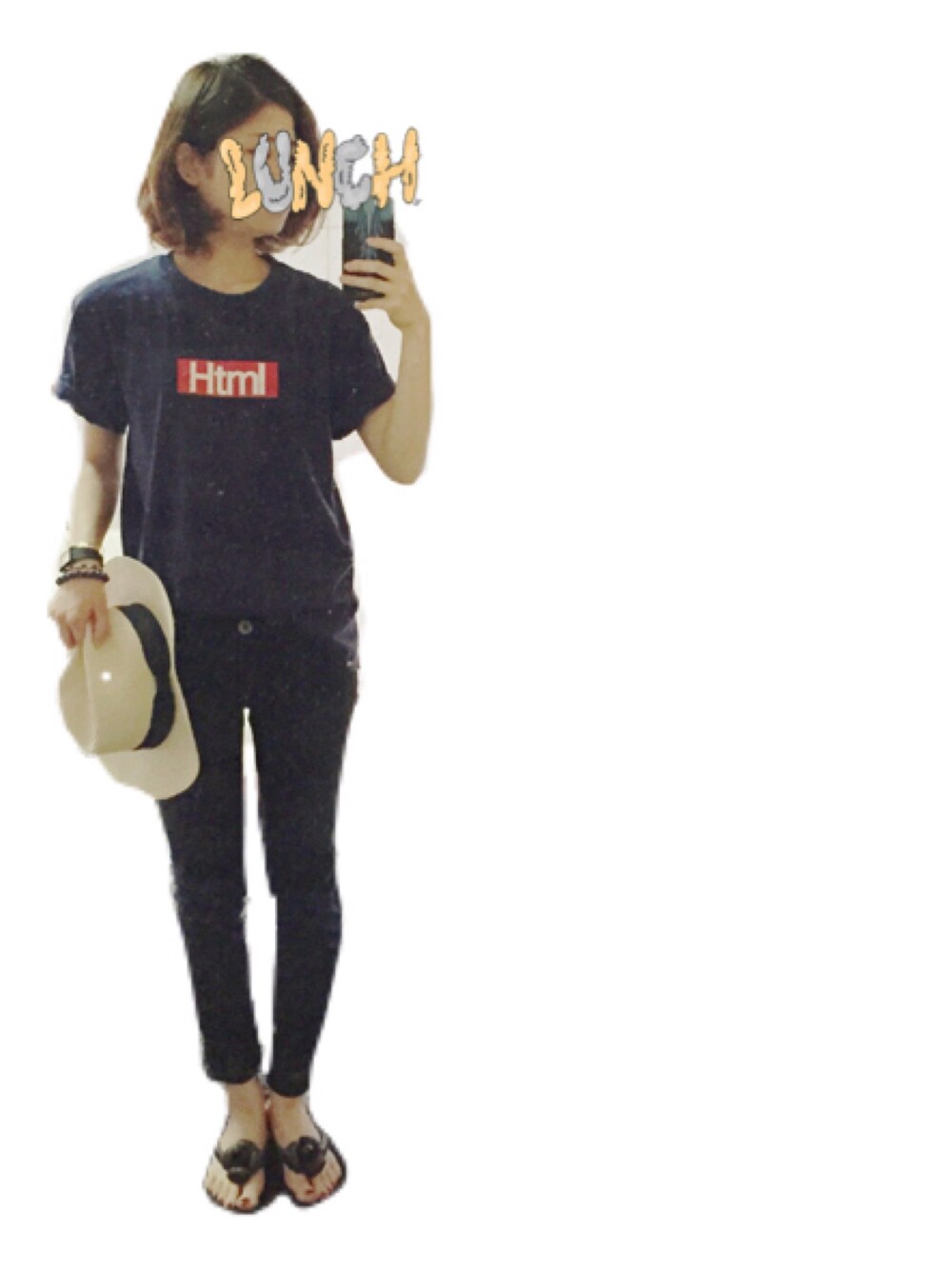 「カンカン帽、シンプルコーデ、夏コーデ、ロゴT、moussy、焼肉、雨の日コーデ」｜「Ocean Pacificのアイテム（サンダル、ブラック系）」を使った、ashibaさん（レディース・158cm）の夏コーディネートの1枚目の写真