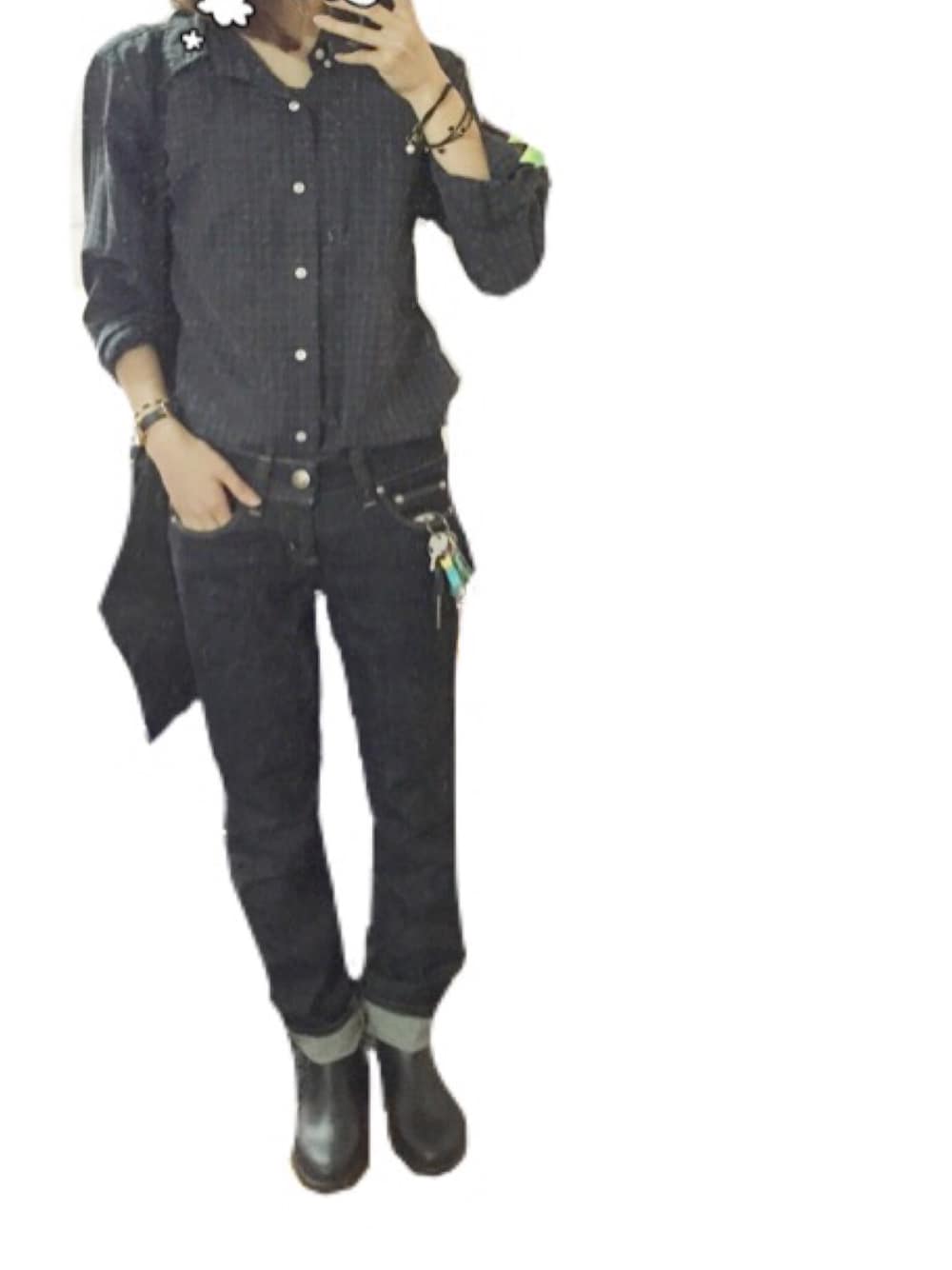 「秋のコーデ、ootd、ブラック、雨の日コーデ、レインブーツ、Polo Ralph Lauren、Ralph Lauren、セルビッチデニム」｜「meduseのアイテム（レインシューズ、ブラック系）」を使った、ashibaさん（レディース・158cm）の秋コーディネートの1枚目の写真